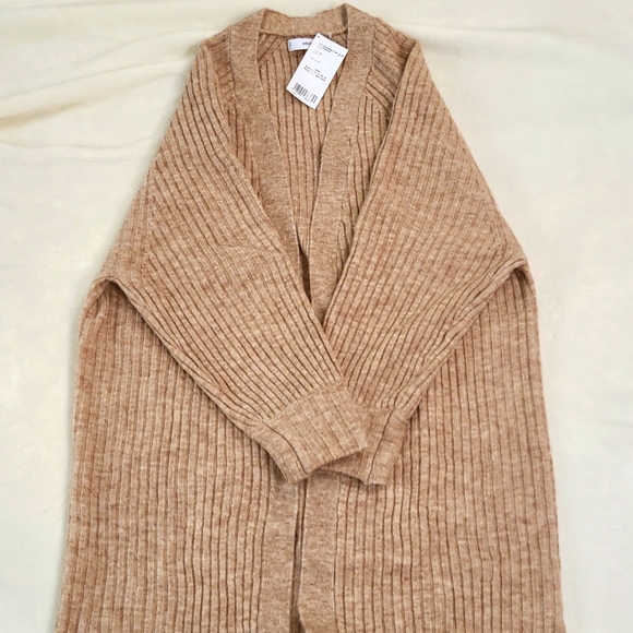 Mango Ribbed Knit Long Cardigan in Marled Tan - Picture 4 of 5